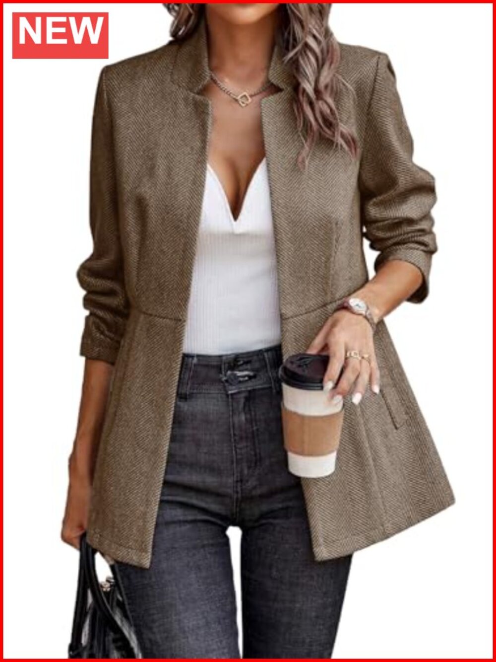 Women’s Open Front Herringbone Blazer Business Casual Long Sleeve